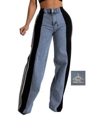 Women's High Waisted Wide Leg Jeans with Patchwork Side Stripes